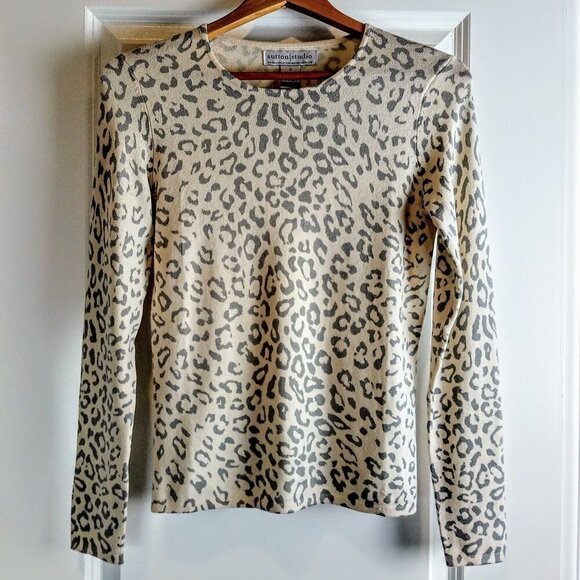 Sutton Studio Cashmere Silk Leopard Print Pullover LS Sweater - Picture 1 of 5